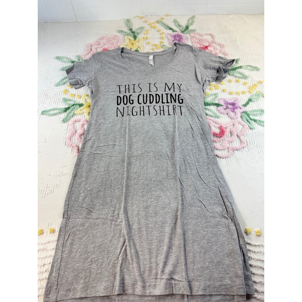 Live and Tell Dog Cuddling Nightshirt Grey V-Neck Sleep Dress Womensf S Medium - Picture 2 of 8